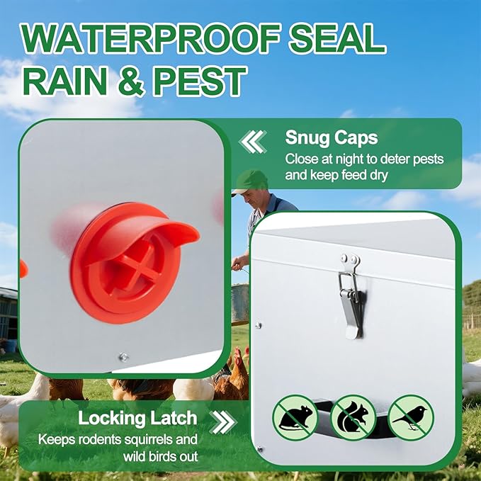 50 LB Automatic Chicken Feeder 8 Feeding Ports, No-Waste Poultry Feeder with Locking Lid and Adjustable Legs for Inside Chicken Coops Metal Automatic Poultry Feeders (Sliver, 50LB with 8 Ports)
