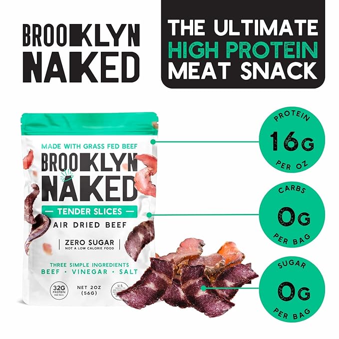 Brooklyn Biltong Carnivore Snack, Air Dried Grass Fed Beef, South African Beef Jerky (2 oz, Pack of 2) - AIP Approved, Paleo, Keto, Gluten Free, Only Salt, Water, and Vinegar, Made in USA - (Naked Classic)
