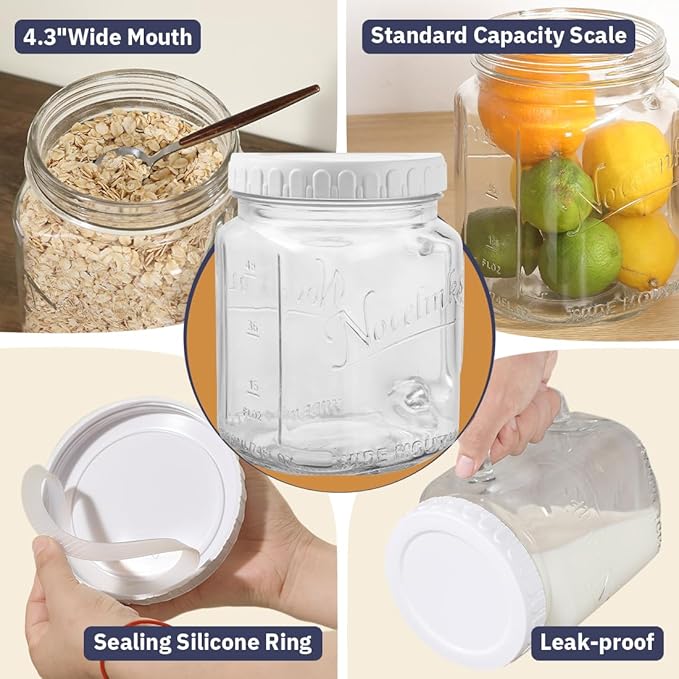 Glass 74 Ounce Mason Jars Wide Mouth Mason Jar Large Square Food Container with Lid for Overnight Oats and Food Storage (3 Pack)