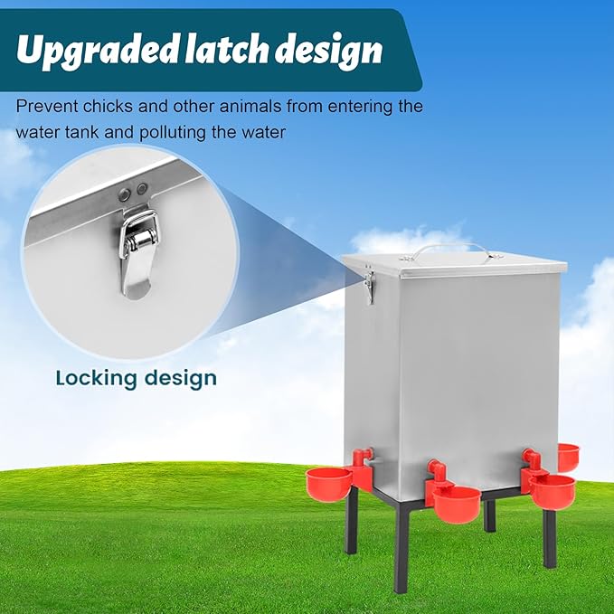 Chicken Waterer 3 Gallons,Stainless Steels Automatic Chicken Waterer ,Poultry Watering No Waste 4 Water Cups Chicken Waterer and 4 Horizontal Automatic Chicken Nipples,with Latch and Bottom Bracket