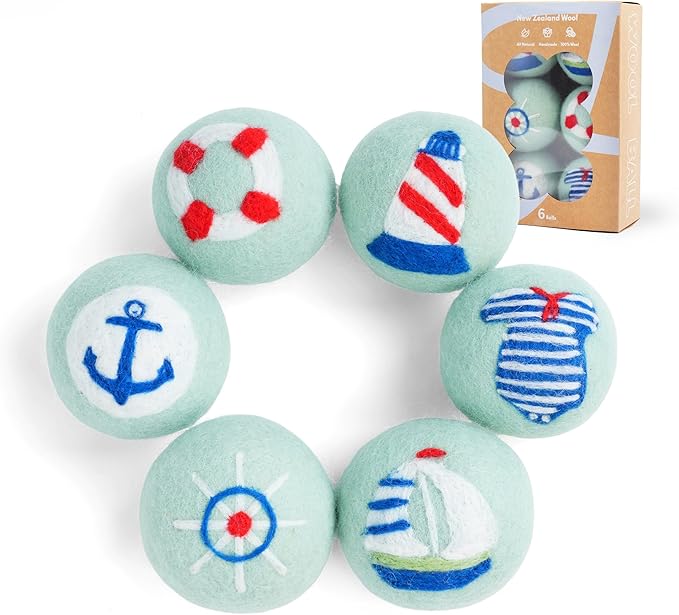 Wool Dryer Balls XL Size 6 Pack - Fun Dryer Balls with Ocean Pattern Cute Dryer Balls Laundry Reusable Anti Static Handmade New Zealand Wool Balls (Nautical Pattern)