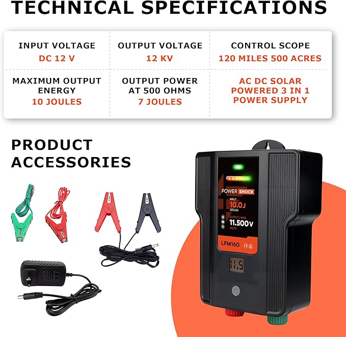 Electric Fence Charger AC DC Powered 65 Miles 200 Acres, 110 Volt 2 Joule Plug-in Electric Fence Energizer, Output Voltage Max 12 kV for Livestock, Preventing Predators from Intruding