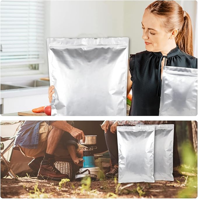 20PCS 5 Gallon Mylar Bags with 2500CC Oxygen Absorbers and Labels, Zipper Resealable Pouches Heat Sealable Bags for Long Term Food Storage