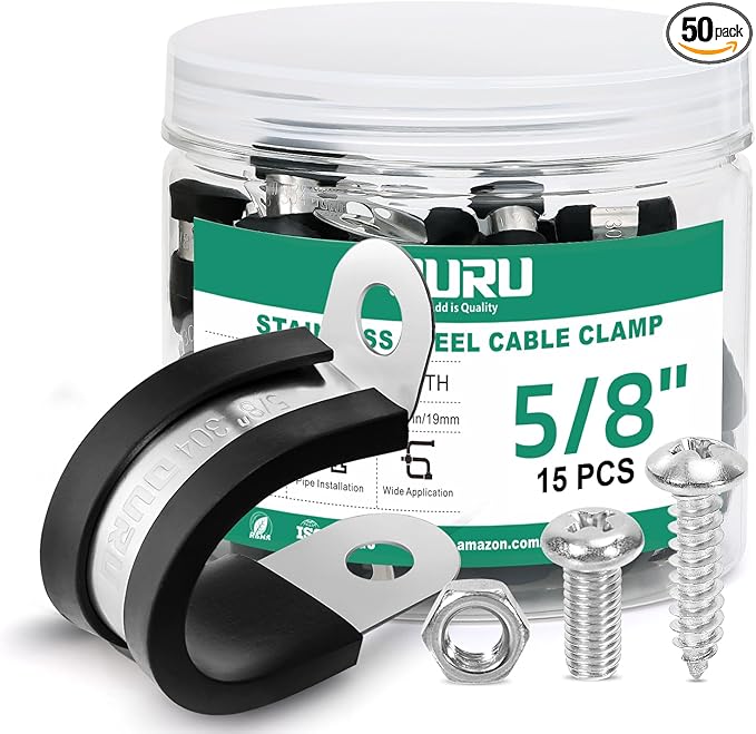 15PCS 5/8 Inch Cable Clamps with 35PCS Screws Assortment Kit 304 Stainless Steel Rubber Cushioned Insulated Cable Clamp, Automotive Wire Pipe Clamps(16mm)