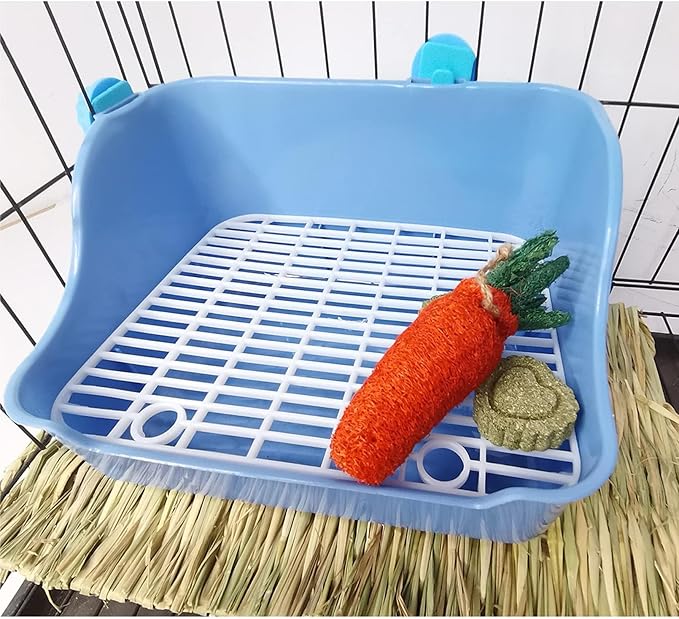 Hamiledyi Guinea Pig Potty Training Small Animal Litter Box Ferret Litter Box Bunny Plastic Square Cage Toilet with Grate(Blue)