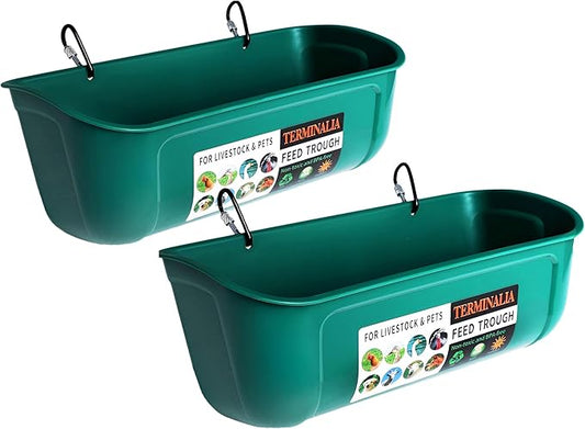 2 Pack Duck Chicken Feeder | Hanging Fence Feed Trough | Goose Turkey Water Trough with Clips | Livestock Feeding Container | Poultry Bucket | 5 Quarts in Total| Green