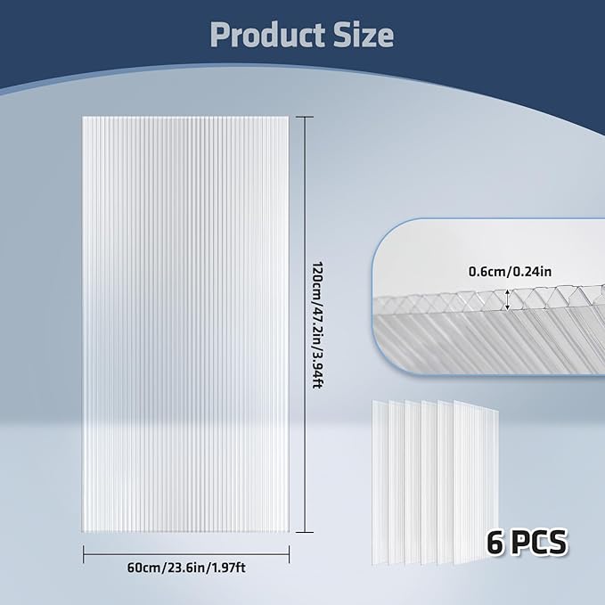 UMIG 6 PCS 4'x 2'x 0.24'' Polycarbonate Greenhouse Panels, Twin-Wall Waterproof UV Protected Corrugated Plastic Roof Panels Sheets, Clear Replacement Panels for Greenhouse, Outdoor, Plant