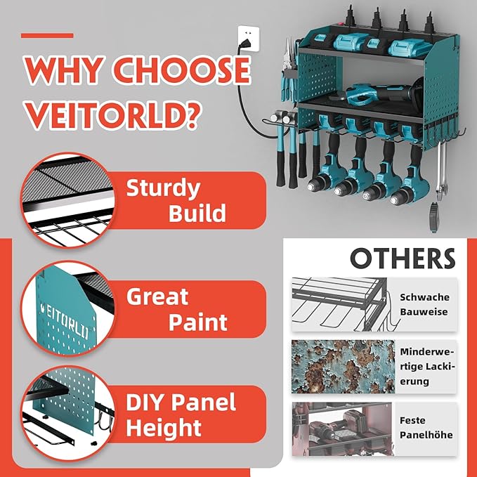 Veitorld Power Tool Organizer with Charging Station, Heavy Duty Modular Wall Mount Rack for Garage - 4 Drill Holders, Tool Storage Organizer, Christmas Birthday Gifts for Men Him Dad Husband