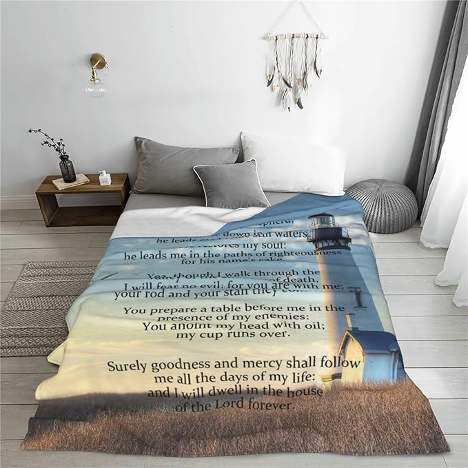 Psalm 23 Blanket Christian Lighthouse Gifts Religious Bible Verse Scripture Throw Blanket Comfy Plush Flannel Fleece Warm Soft Fluffy Fuzzy Blanket for Prayer Women Teens for Bed Sofa Couch 60"X80"