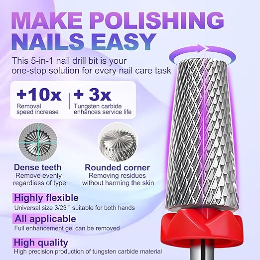 Fantexy 3/32" Carbide Nail Drill Bit - Remove Acrylic Hard Gels Quickly and Safely, 5-in-1 Tungsten Carbide Nail Drill Bit for Nail Art,Manicure,Pedicure,Gel,Cuticle Clean(Fine - F)