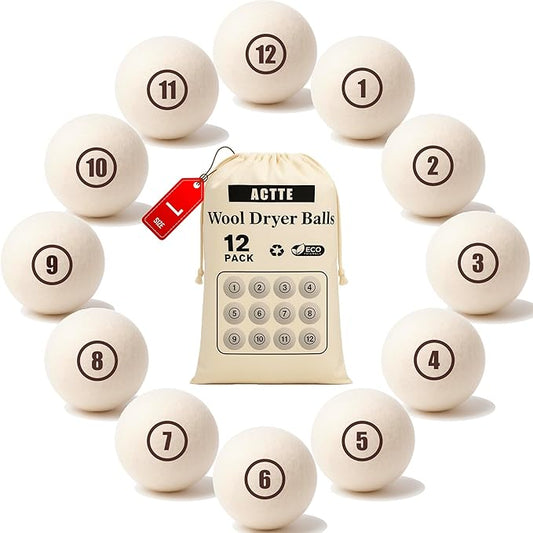 Wool Dryer Balls Laundry, L(2.3") 12 Pack, Premium Fabric Softener Ball, Reusable, Anti Static, Chemical Free Natural Wool Balls for Dryer, Laundry Dryer Balls – 100% New Zealand Wool
