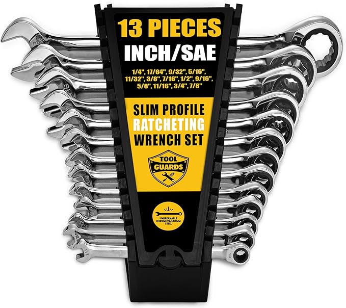 TOOLGUARDS Ratcheting Wrench Set 13pcs - Standard - With Rack Organizer - Wrenches - Combination Ratchet Wrench Set - 100% Lifetime Satisfaction Guarantee