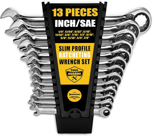 TOOLGUARDS Ratcheting Wrench Set 13pcs - Standard - With Rack Organizer - Wrenches - Combination Ratchet Wrench Set - 100% Lifetime Satisfaction Guarantee