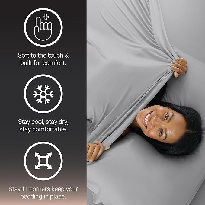 SHEEX - Active Comfort Cooling Sheets Set (King/California King) Blue Sky - Moisture Wicking - 1 Flat Cooling Sheet, 1 Fitted Cooling Sheet, 2 Cooling Pillow Covers - Wrinkle Free - Sleep Aid