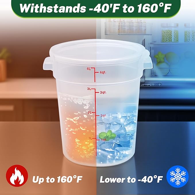 Round Food Storage Container with Lid, 4 Qt Translucent, Commercial 4 Pack of – NSF Listed, BPA-Free, Polypropylene, Non-Stick, Scale, with Labels & Measuring Cups