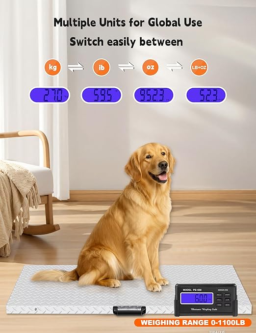 Large Pet Scale for Dogs 1100lb x 0.2lb, Folding Veterinary Animal Digital Scale with Stainless Steel Platform 40.5 5X 20.87 in, Tare Lock Function, Livestock Vet Scale for Dog Sheep Pig Goat