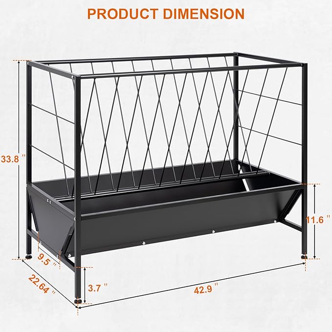 Pasture Hay Feeder 50 Gallon, Heavy Duty 2-in-1 Livestock Feeder, Hay Grain Feeding with 30 Gallon Feed Pan, Black Powder Coated Surface Steel Livestock Feeder for Sheep, Calf, Cow and Horse