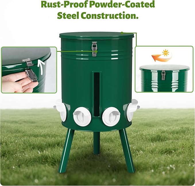 KOL 50 LB Large Free Standing Chicken Feeder, Portable Gravity Chicken Feeder Automatic, Dispenser, 8 Feeding Ports Poultry Feeder for Chicken Rooster & Hen (Green)