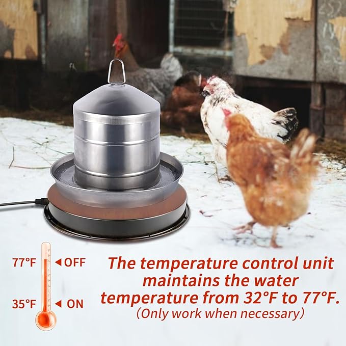 Chicken Water Heater-11in，Large 110Watt Heated Poultry Waterer Base for 5 Gallon,with Thermostat and 9.8ft Power Cord