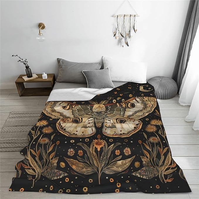 Moth Moon Blanket Witchy Vintage Butterfly Sunflower Decor Throw Blanket Comfy Plush Flannel Fleece Warm Soft Fuzzy Blanket Gothic Gifts for Girls Boys Women Teens for Room Bed Sofa Couch 50"X60"