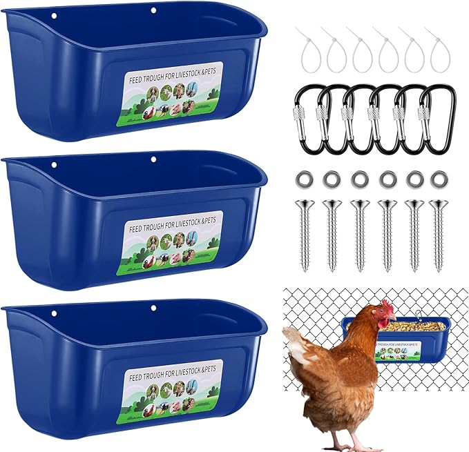 Chicken Feeder Waterer, 3 Pack Duck Feeder Supplies, Hanging Fence Feed Trough with Clips for Goat, Sheeple, Piglet, Gooses, Turkeys, Dog Livestock Poultry, Blue