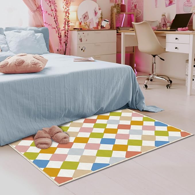 Checkered Washable 3x5 Modern Geometry Colorful Area Rugs Non Slip Low Pile Indoor Floor Small Carpet for Living Room Children's Room Bedroom Dinning Room