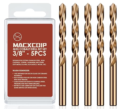 3/8" (5pcs) Cobalt Drill Bit Set, M35 High Speed Steel Jobber Length Drill Bit Kit for Hardened Metal, Stainless Steel, Cast Iron, Wood and Plastic, with Index Storage Case