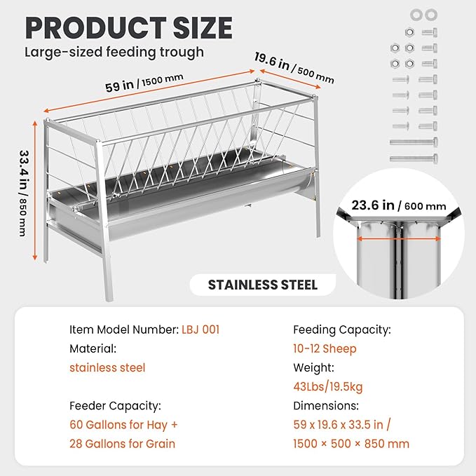 5 Foot Pasture Feeder, 88 Gallon Stainless Steel Frame Large Livestock Feeder, Easy to Assemble Goat Hay Feeder, Horse Trough, Sheep Trough