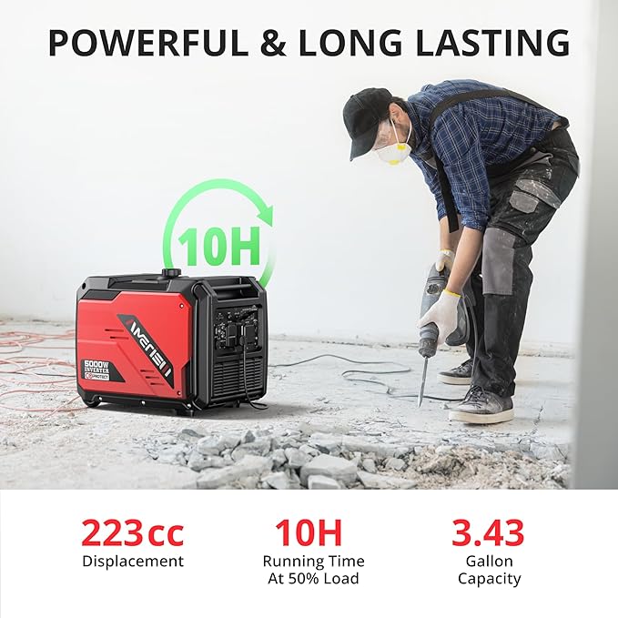 Portable Inverter Generator 5000W with CO Sensor, Super Quiet Gas Generator with RV Ready 30A Outlet, Wheels Handle Kit, Parallel Capable for Home Backup Emergency Use Camping, EPA Compliant
