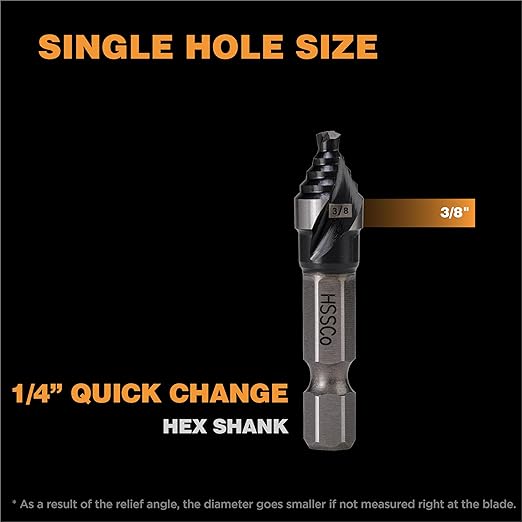 M35 HSS 3/8 Inch Step Drill Bit, Single Size Unibit with Double Spiral Flutes for Drilling Small Holes on Stainless Steel, Metal, Wood, Plastic