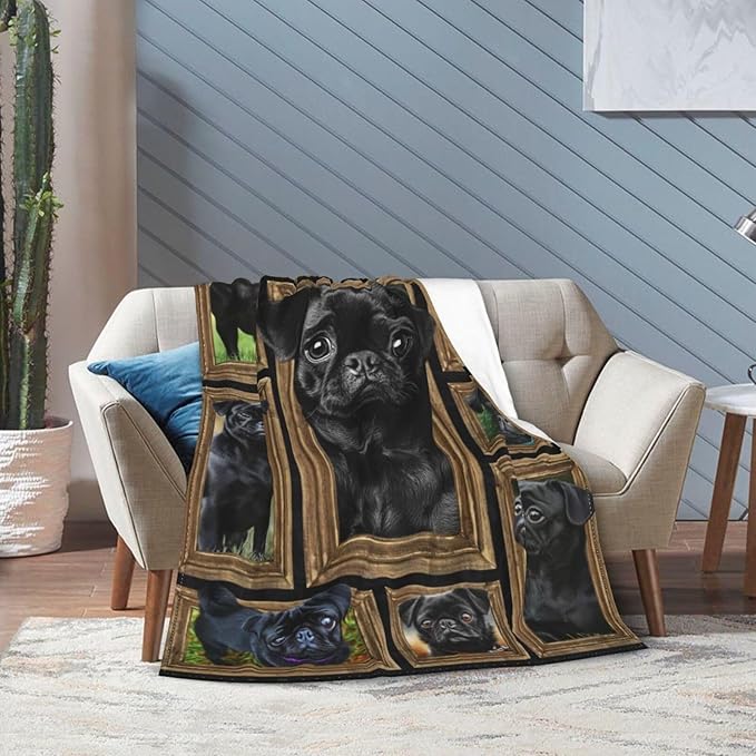 Black Pug Blanket Pug Dog Blankets Fleece Plush Flannel Super Soft Cozy Warm Lightweight Cute Pugs Dogs Decor Gifts for Boys Girls Kids Adults Men Women 50" x 60"
