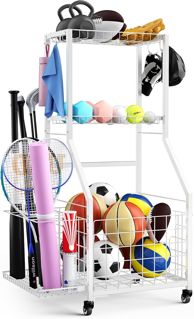 Sports Equipment Garage Organizer,Garage Ball Storage Rack with Wheels-Upgraded 3 Layers Sport Toy Organizer Rack Outdoor Basketball Racks for Balls with Holder and Hooks