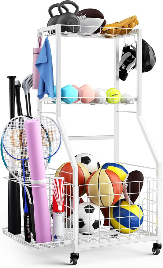 Sports Equipment Garage Organizer,Garage Ball Storage Rack with Wheels-Upgraded 3 Layers Sport Toy Organizer Rack Outdoor Basketball Racks for Balls with Holder and Hooks