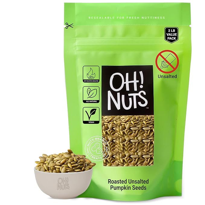 Oh! Nuts Pumpkin Seeds - Roasted Unsalted - 2 lb - No Shell Pepitas - Packed in New York Zip-Seal Bag for Exceptional Freshness