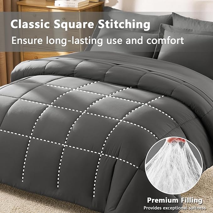 CozyLux King Size Comforter Set Dark Grey - 7 Pieces Bed in a Bag King, Okeo-Tex Certifited Bedding Set, All Season Soft Bed Set with Down Alternative Comforter, Sheets, Pillowcases & Pillow Shams