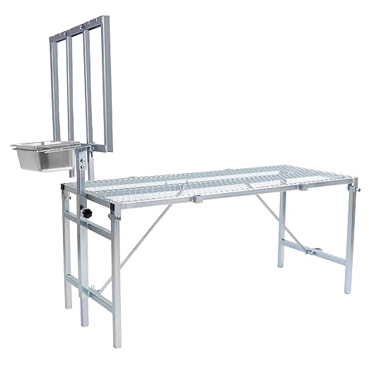 HECASA Sheep Milking Stand Livestock Feeder Rack Adjustable Headpiece w/Removable Feeding Tray Portable Farm Ranch Livestock Stand for Hoof Trimming Shearing Grooming Grooming (Silvery)