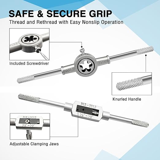 80pcs Tap and Die Set, SAE and Metric Tap Die Wrench Set, Metric Standard M3 to M12 Coarse Fine Rethreading Threads Bits for Cutting External and Internal Threads, NC, NF, NPT Repair Tools