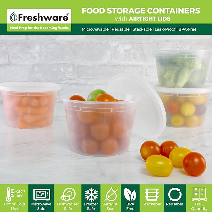 Freshware Food Storage Containers [36 Set] 16 oz Plastic Deli Containers with Lids, Slime, Soup, Meal Prep Containers | BPA Free | Stackable | Leakproof | Microwave/Dishwasher/Freezer Safe