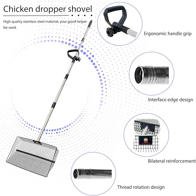15inch Large Metal Chicken Poop Scooper for Sand, Chicken Pooper Scooper with 39 to 76" Adjustable Stainless Steel Handle, Litter Scooper Sand Sifting Shovel for Dogs, Cats, Chicken Coop Accessories