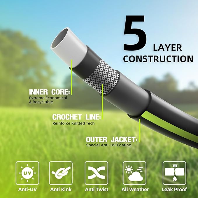 Worth Leader Garden Hose 3/4 in. x 50 ft. -No Kink, Flexible, Leakproof, Male/Female -Heavy Duty Durable 5 Layers PVC Rubber Lightweight Water Pipe for Gardening, Agriculture & Lawn Care -500PSI Burst