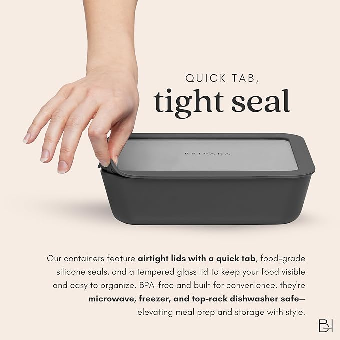 Ceramic Coated Glass Food Storage Container | No PTFE, PFOA, PFAS, and BPA | Reusable Non Toxic Meal Prep Container with Glass Lid | Easy To Store | 8 Cup Square [Onyx]