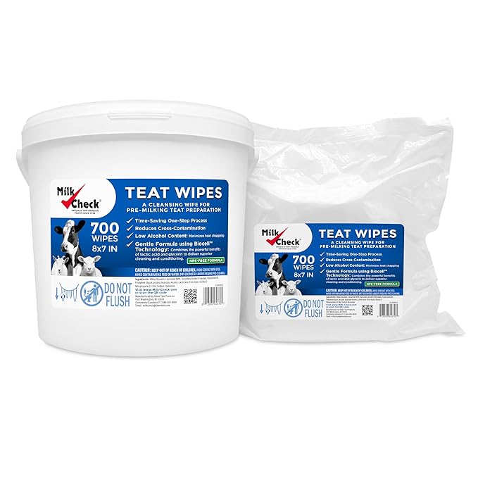 Milk Check Teat Wipes 2 Pack, 1 Pail 1 Refill (1,400 wipes) - Cow, Goat, Sheep Udder Prep - 7 inch x 8 inch Wipes. Reclosable Pail.