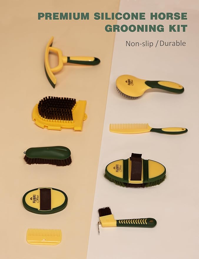 11PCS Horse Grooming Kit Curry Comb Sweat Scraper Horse Bathing Supplies Grooming Tools with Storage Bag Pasture Glow