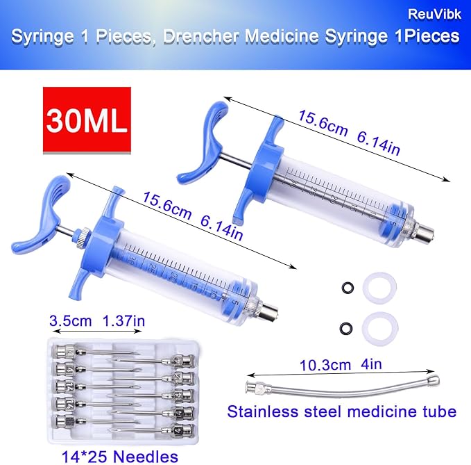 2Pcs 30ML Livestock Syringe, Reusable Adjustable Goat Drench Syringe, with 1 Drench Nozzle 10 Needles, Suitable for Medium And Large Poultry Such As Pigs, Sheep, Cattle, Horses, Etc