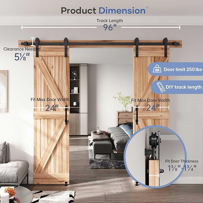 EaseLife 8 FT Double Sliding Barn Door Track and Handle Hardware Kit,Straight Pulley,Slide Smoothly Quietly,Easy Install (8FT Track Kit for 20"~24" Wide Double Door)