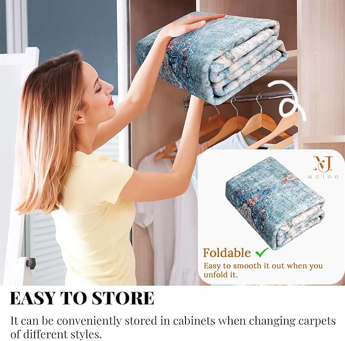 MUJOO Hallway Runner Rug 2'x8' Teal Long Rug Runners Boho Machine Washable Non Slip Carpet for Entryway Kitchen Bathroom Bedside Retro Soft Low-Pile Blossom