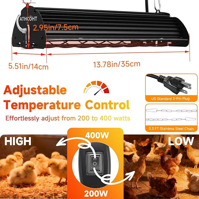 Chicken Coop Heater Lamp, Carbon Fiber Heat Lamp with 175W and 250W Bulbs, Brooder Heater with Guard, Ideal for Poultry, Livestock & Small Pets (1 pc Black Plus35CM(1 Light Frame + 2 Lamp Tubes))