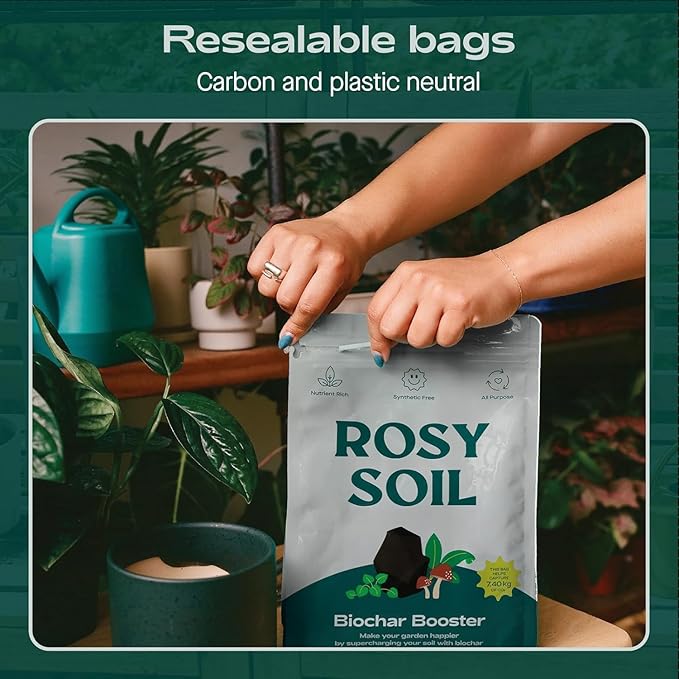 Rosy Soil Biochar Booster - Biochar Soil Amendment for Flowers and Vegetable Gardens - Horticultural Charcoal for Outdoor and Indoor Plants - Biochar Supplement for Potting Soil & Potting Mixes - 8qt