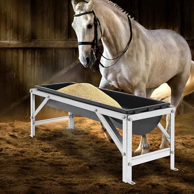 Livestock Feed Trough, 39 Inch Long Feeding Trough with Stand, 9.25 Gallon Capacity Heavy Duty Feeder, Feeding Tool for Goats Sheep Deer Pigs (Black)