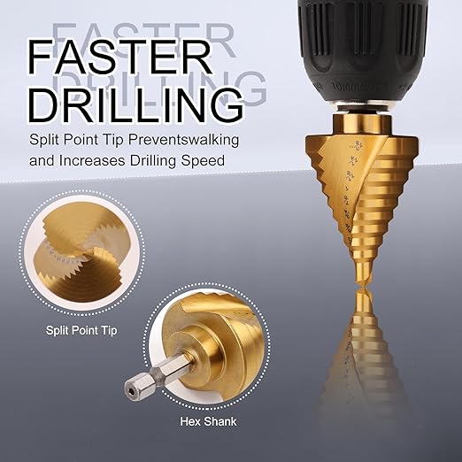 COMOWARE 5PCS Titanium HSS Step Drill Bit Set with 1/4" Hex Shank, Automatic Center Punch, Two Spiral Flute Impact Design, Ideal for Metal, Stainless Steel, Wood, Plastic